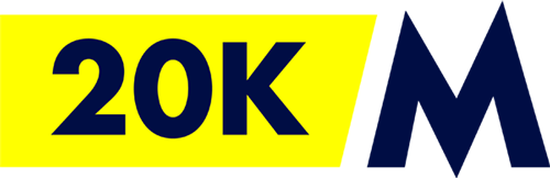 Bold yellow and dark blue logo with the text '20K' on a yellow background and a large letter 'M' in dark blue.