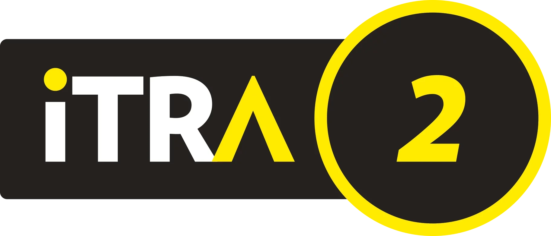 Logo for iTRA 2, featuring stylized text in white and yellow on a black background, with a yellow circle outline around the number 2.