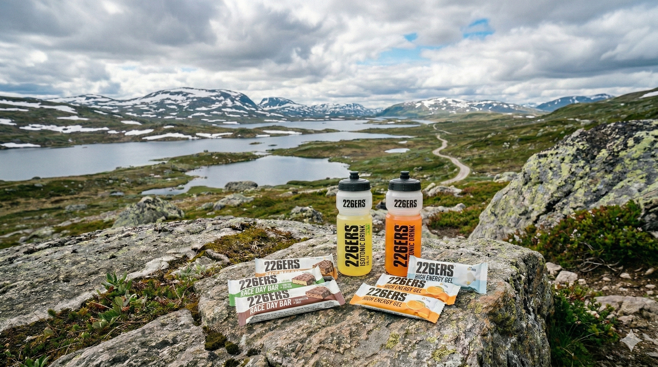 Two bottles of 226ERS sports drink, several snack bars, and energy gels on a rock with an alpine lake and mountains in the background.