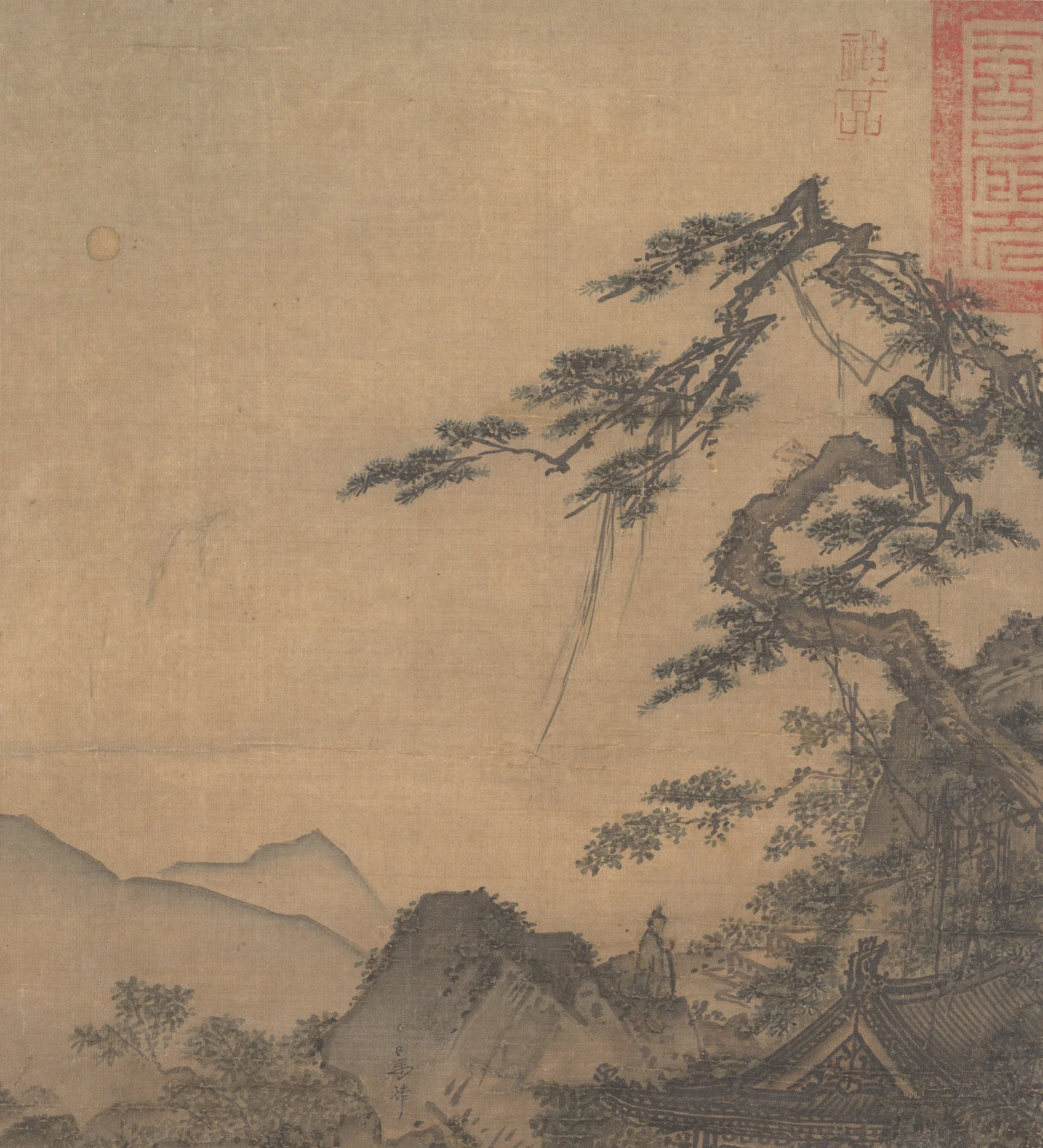 Traditional Japanese landscape painting depicting mountains, trees, and buildings in a misty scene.