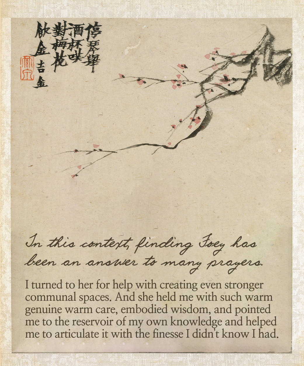 A traditional watercolor painting of a flowering tree branch with pink blossoms, accompanied by calligraphy and a red stamp in the upper left corner, and a handwritten note in cursive below.