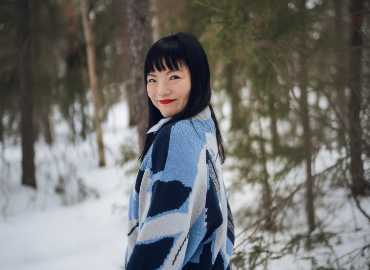A woman sitting with her knees up, looking at a tablet, holding a glass of red drink with ice, near a window with a view of trees.