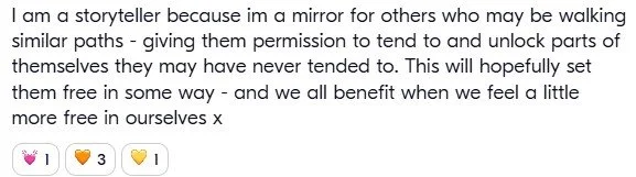 Screenshot of a social media post expressing the desire to be a mirror for others, allowing them to explore parts of themselves. The post ends with a hopeful note on personal freedom. Beneath the text are three emoji reactions: a heart with sparkles, a heart, and a yellow heart.