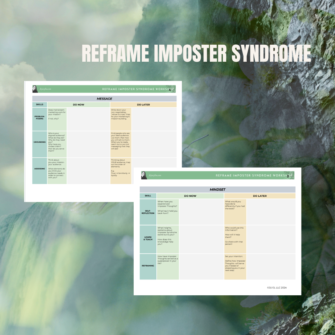 Two worksheets titled "Reframe Imposter Syndrome" with sections on skills, mindset, self-reflection, learning, and reframing, set against a green and rocky outdoor background.