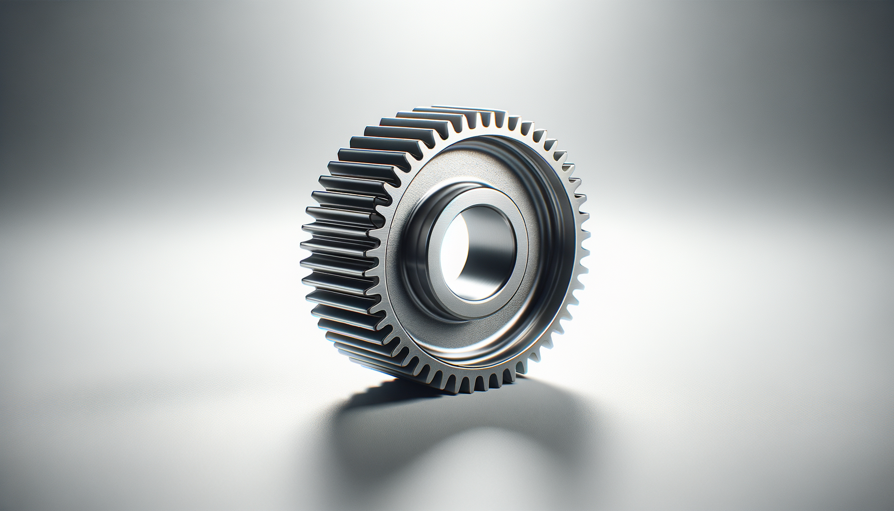 Close-up of a metallic gear with teeth, resting on a light-colored surface with soft shadows.