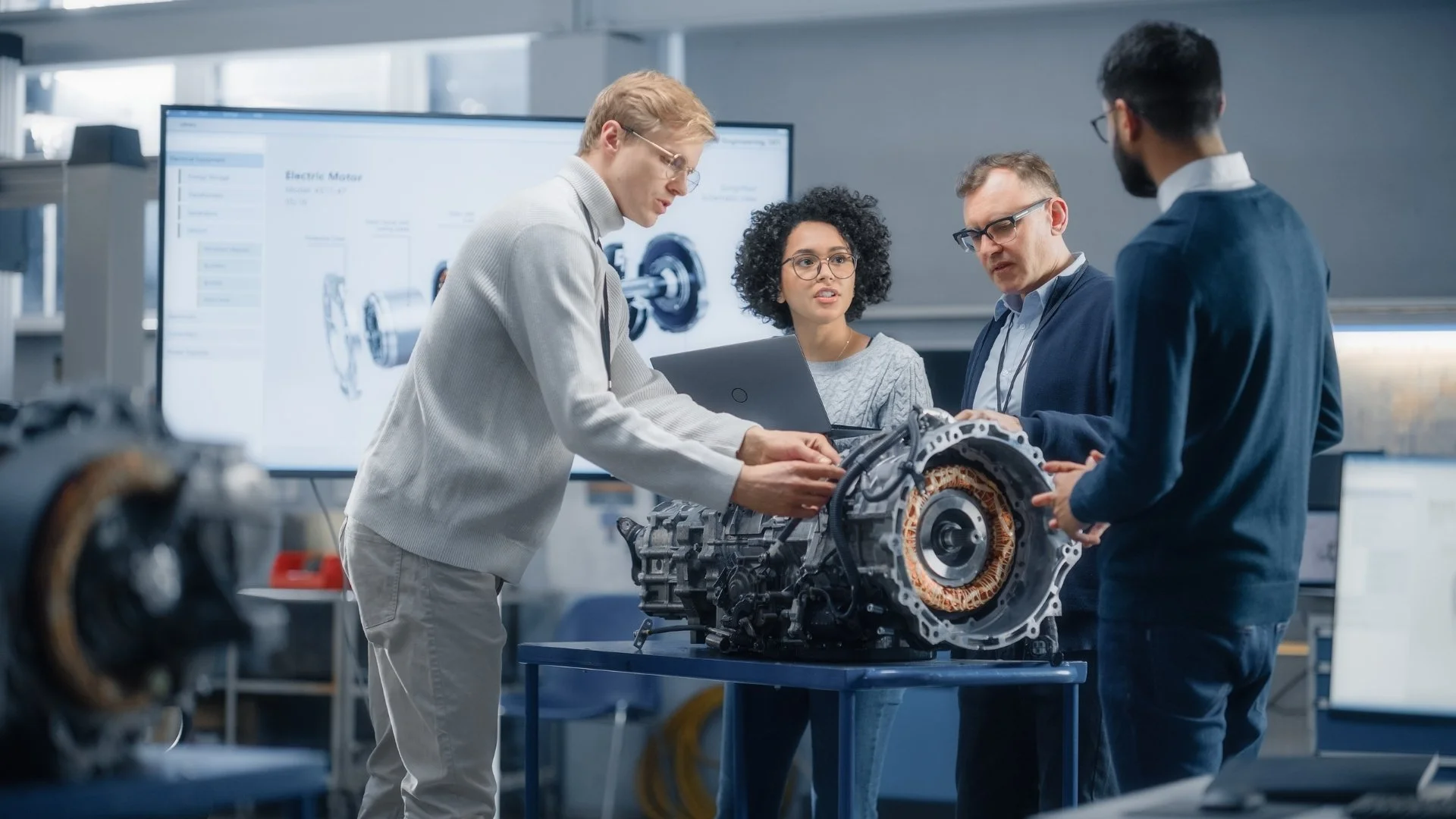Four engineers in a lab working on an electric motor.