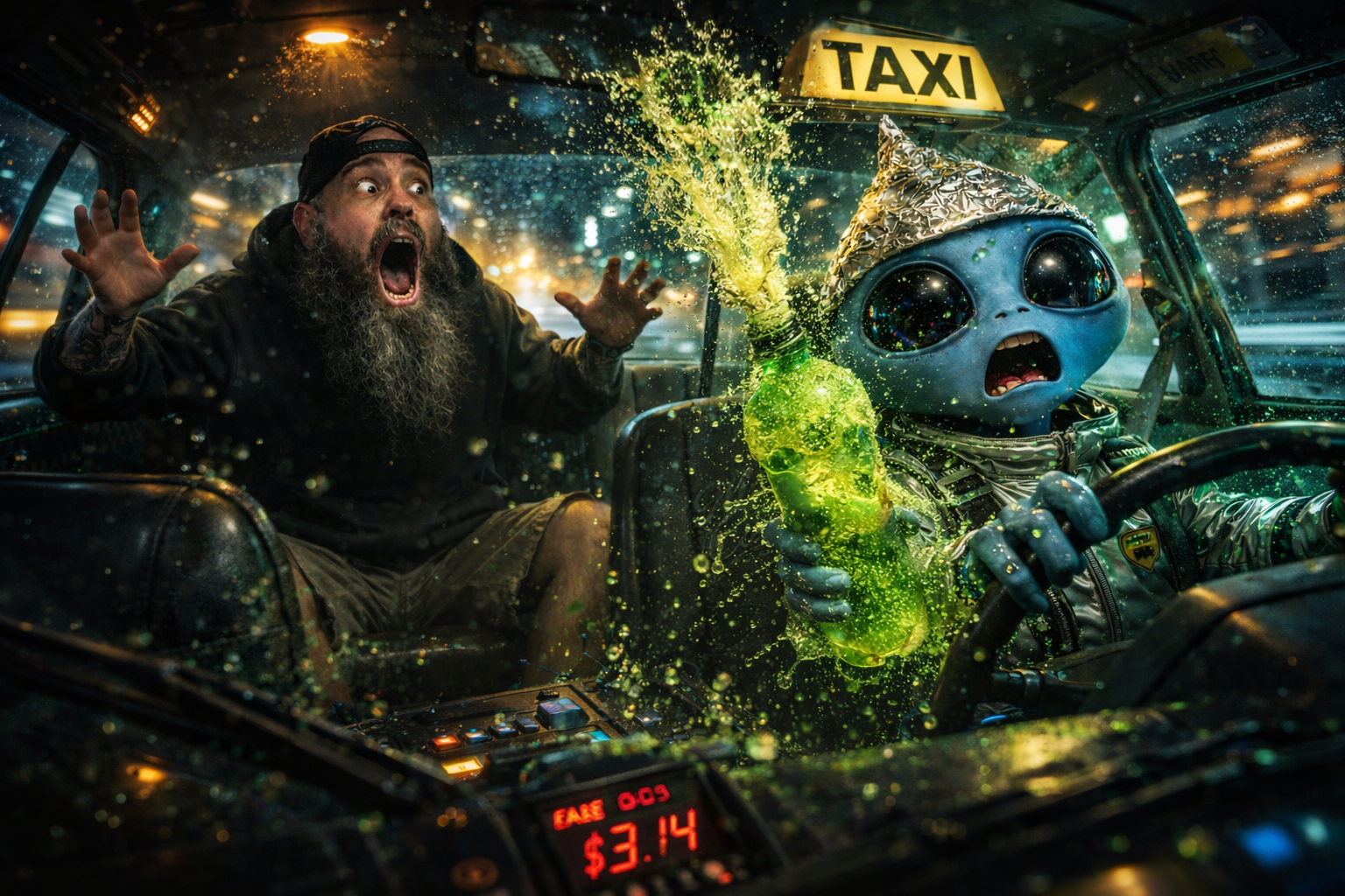 A man and an alien inside a taxi, both with shocked expressions. The alien is holding a glowing green object, and green liquid is splashing around, suggesting chaos.