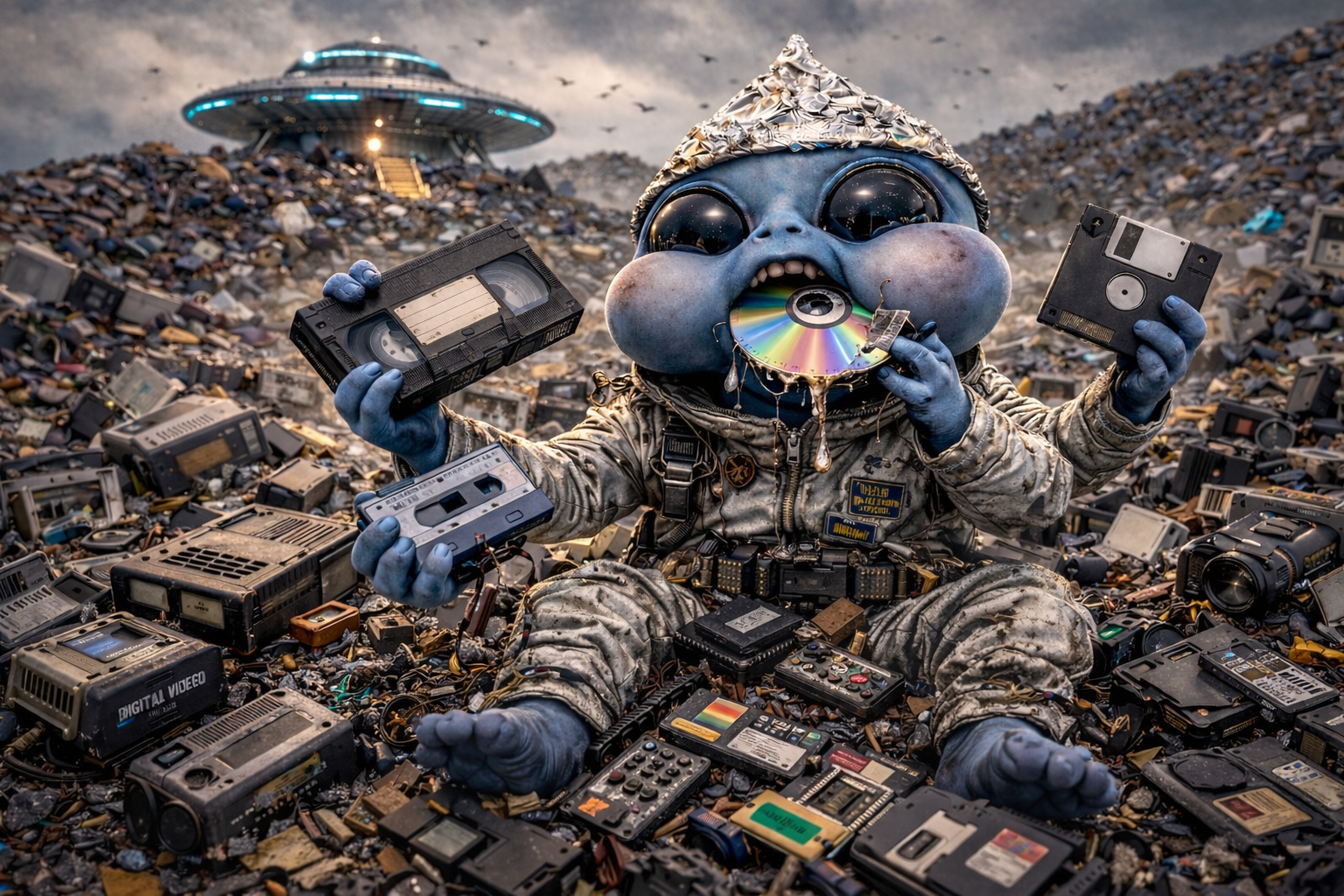 A cartoon alien wearing a metallic hat is sitting among a heap of discarded electronic devices, holding several cassettes and a compact disc, with a spaceship in the background.