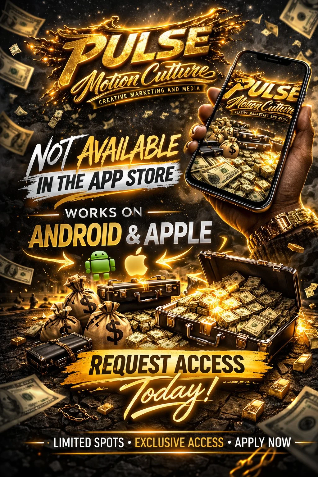 Promotional image for Pulse Motion Culture marketing and media company, featuring gold and black colors, money, money bags, treasure chests, a smartphone displaying the same promotional text, and digital icons for Android and Apple. Text indicates the service is not available in the app store, works on Android and Apple, with a call to action for requesting access.
