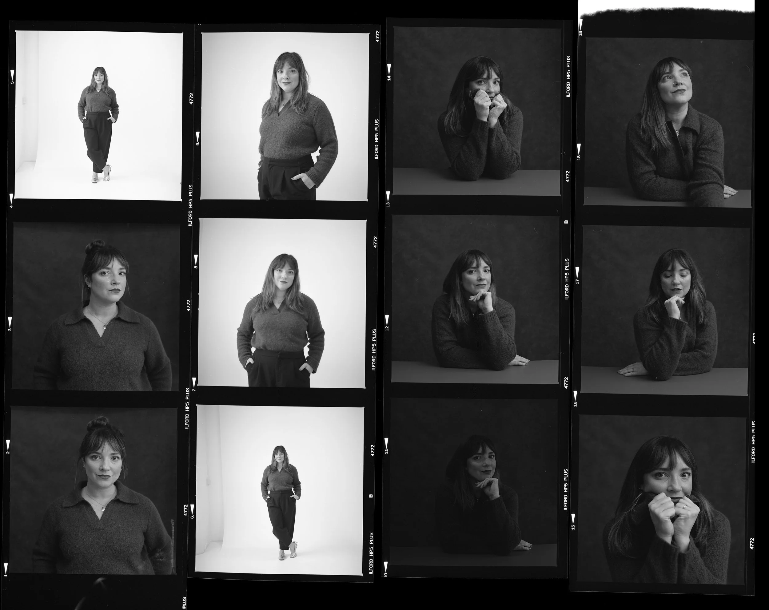 Black and white contact sheet with portraits of a woman in different poses and expressions, some with a dark background and others in a white studio setting.