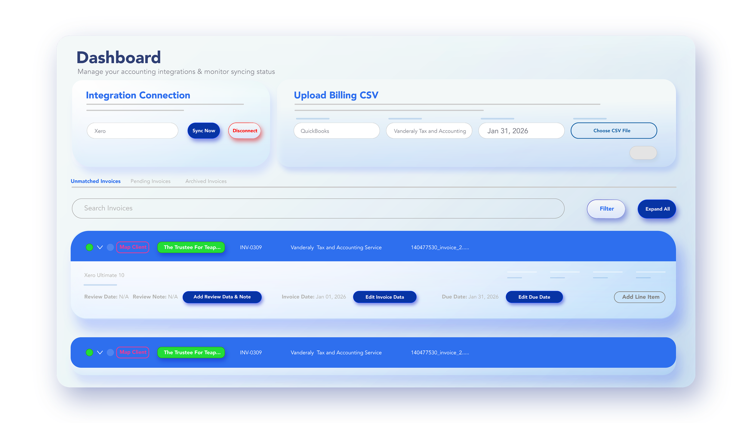 A digital dashboard interface for managing accounting integrations and invoices, with sections for connection status, CSV upload, and invoice details, featuring buttons for sync, filtering, editing, and adding data.