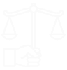 Outline of a hand holding scales balanced on both sides, symbolizing justice.