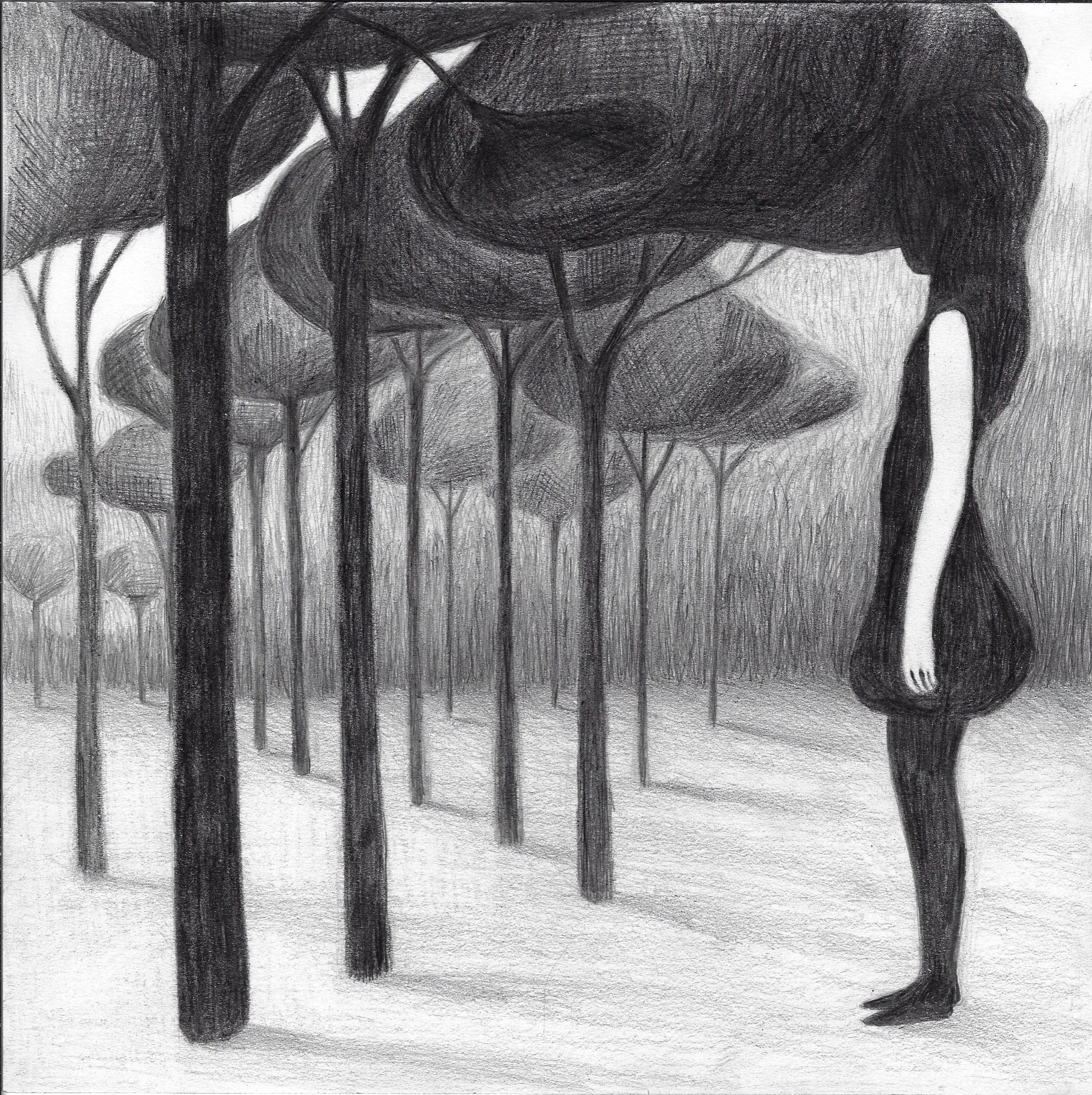 Disegno di Beatrice Pucci di un uomo in piedi sotto un grande albero in un bosco, l'uomo sembra triste o perso nei pensieri.