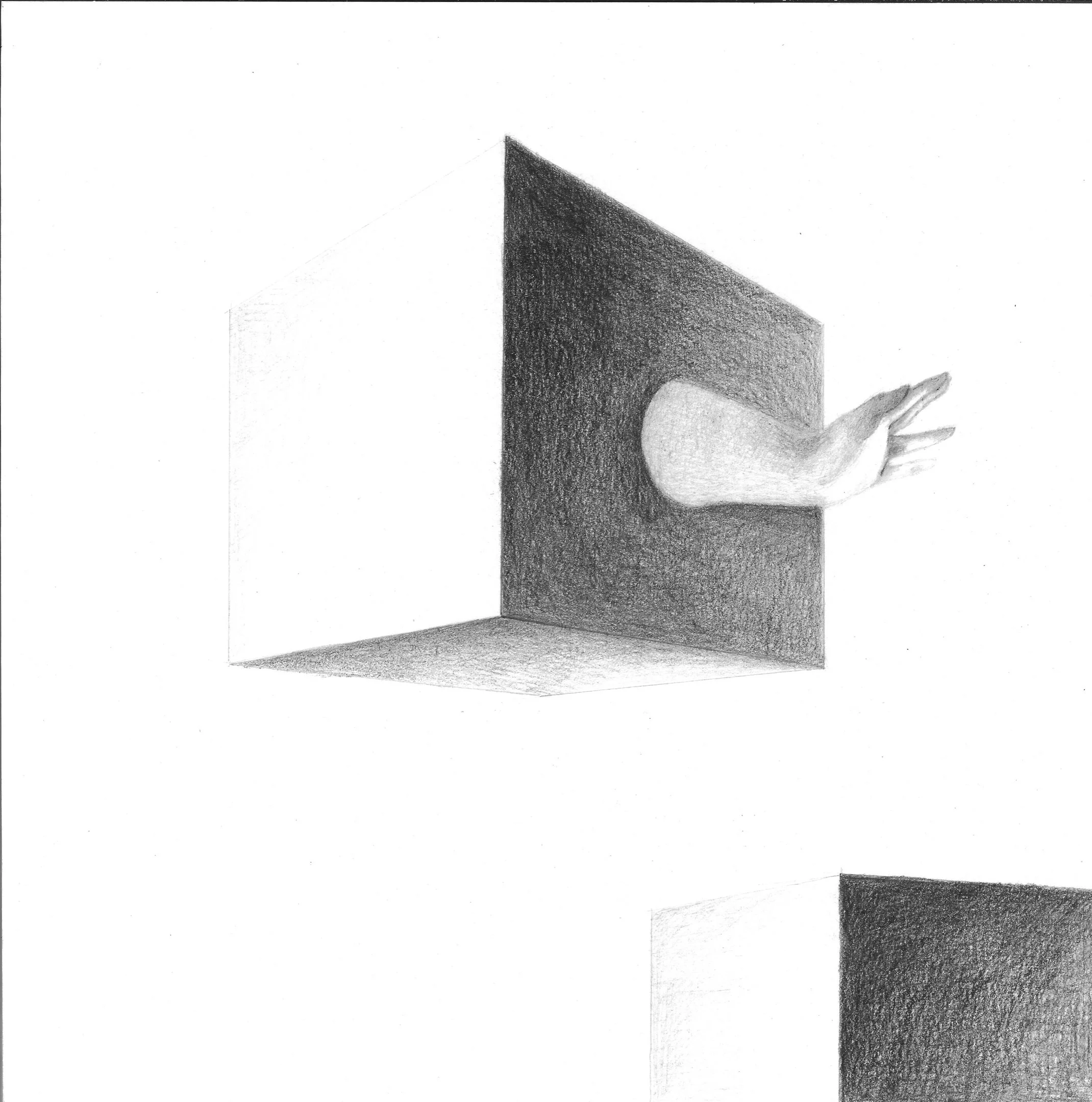 Disegno a matita di Beatrice Pucci di un braccio umano che emerge da un cubo che fluttua, in stile surreale.