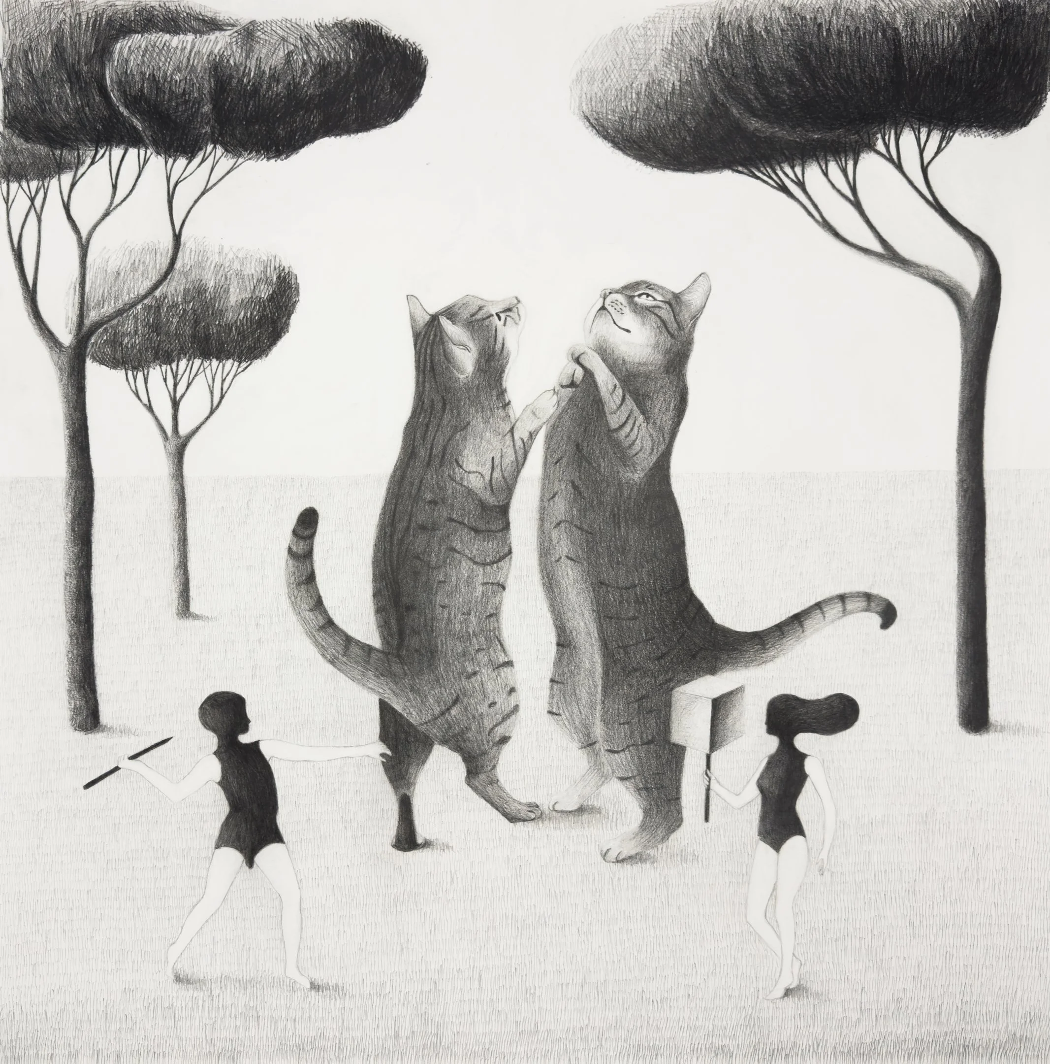 Disegno di Beatrice Pucci di due gatti animati da bambini che sembrano danzare tra due alberi in un paesaggio etereo.