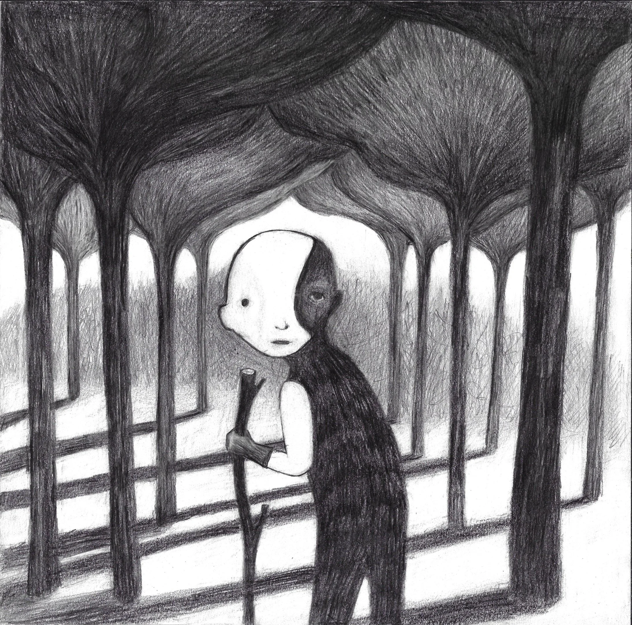 Disegno in bianco e nero di Beatrice Pucci di una figura umana con testa metà bianca e metà nera che si addentra in un bosco.