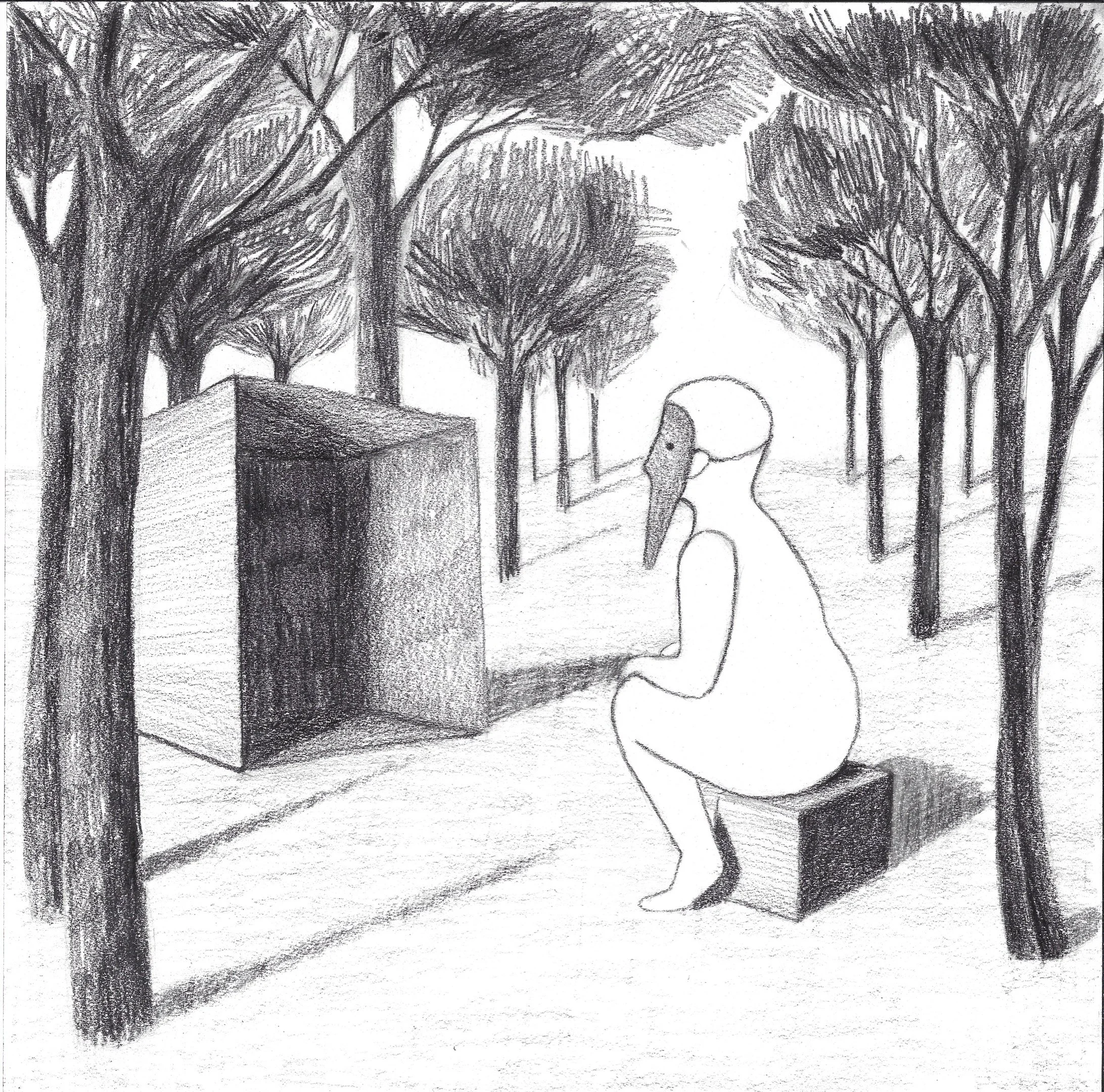 Disegno a matita di Beatrice Pucci di una persona con una maschera seduta su uno sgabello, in mezzo a un bosco.