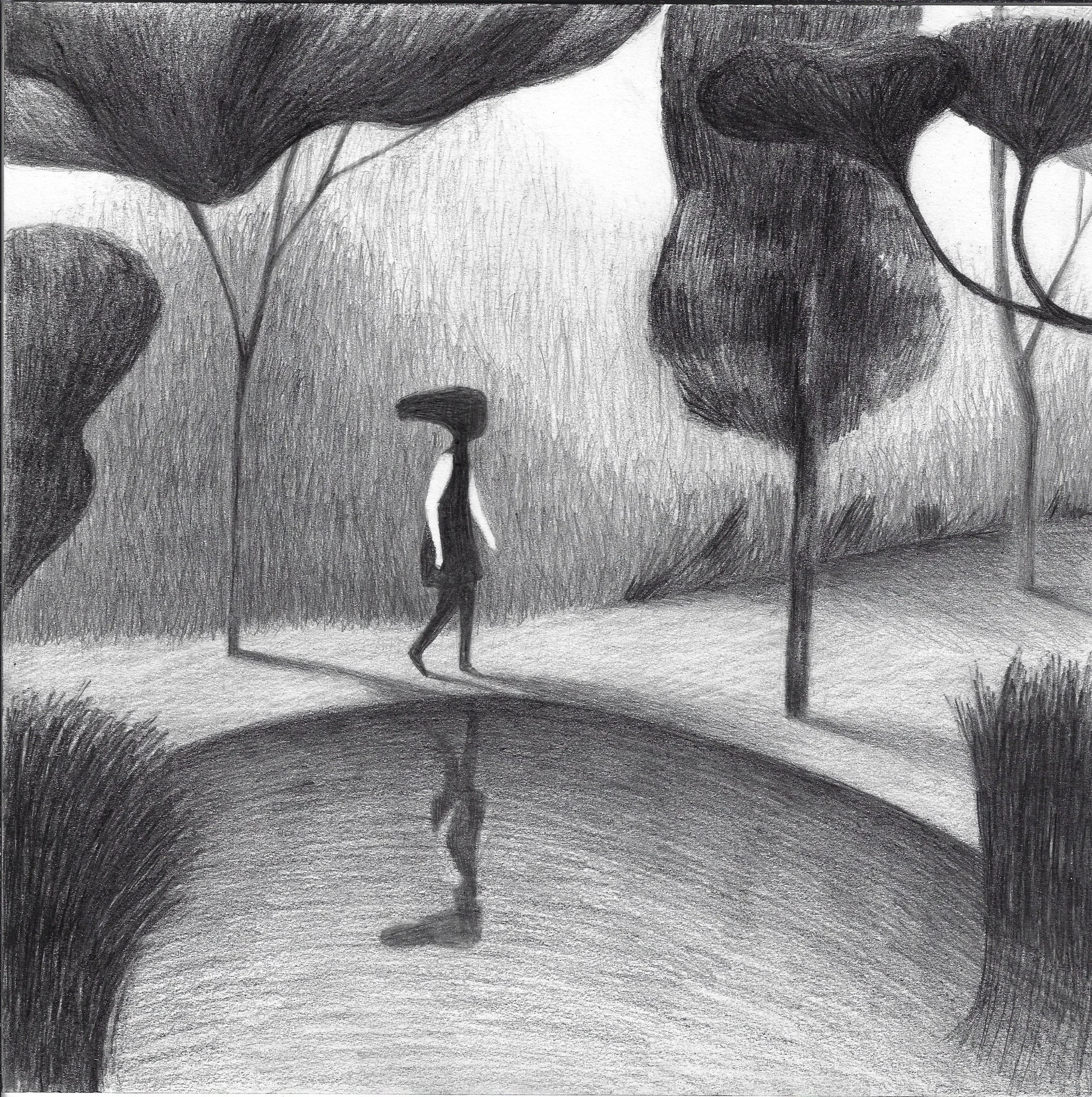 Disegno a matita di Beatrice Pucci di una figura misteriosa che cammina lungo un sentiero tra alberi, una pozza d'acqua riflette la figura.