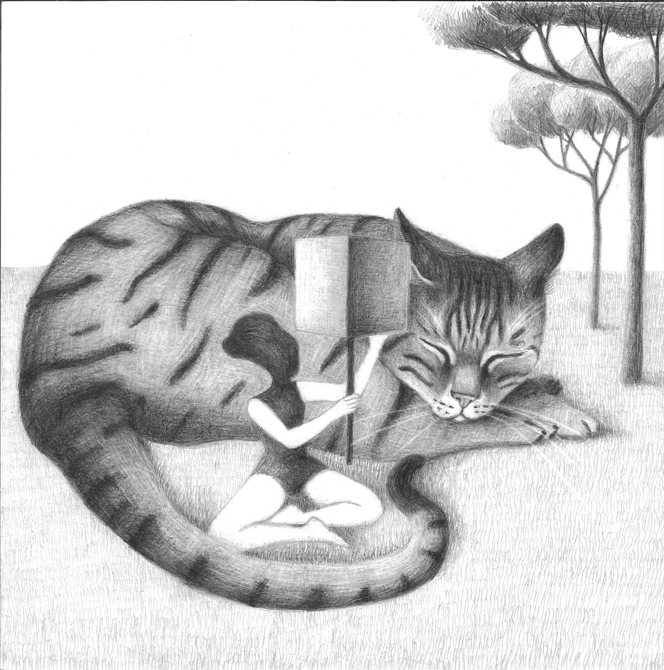 Disegno di Beatrice Pucci di un grande gatto sdraiato con una persona seduta accanto che tiene un ombrellino cuboidale, in un paesaggio con due alberi in lontananza.