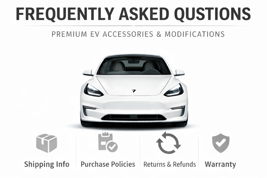 A white electric vehicle on the cover of a FAQ page titled "Frequently Asked Questions," with sections for "Shipping Info," "Purchase Policies," "Returns & Refunds," and "Warranty."