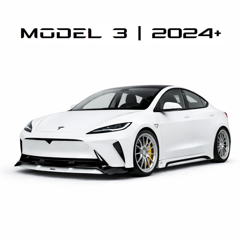 White Tesla Model 3 car with black accents, set against a plain white background, with text above indicating 'Model 3 | 2024+'.
