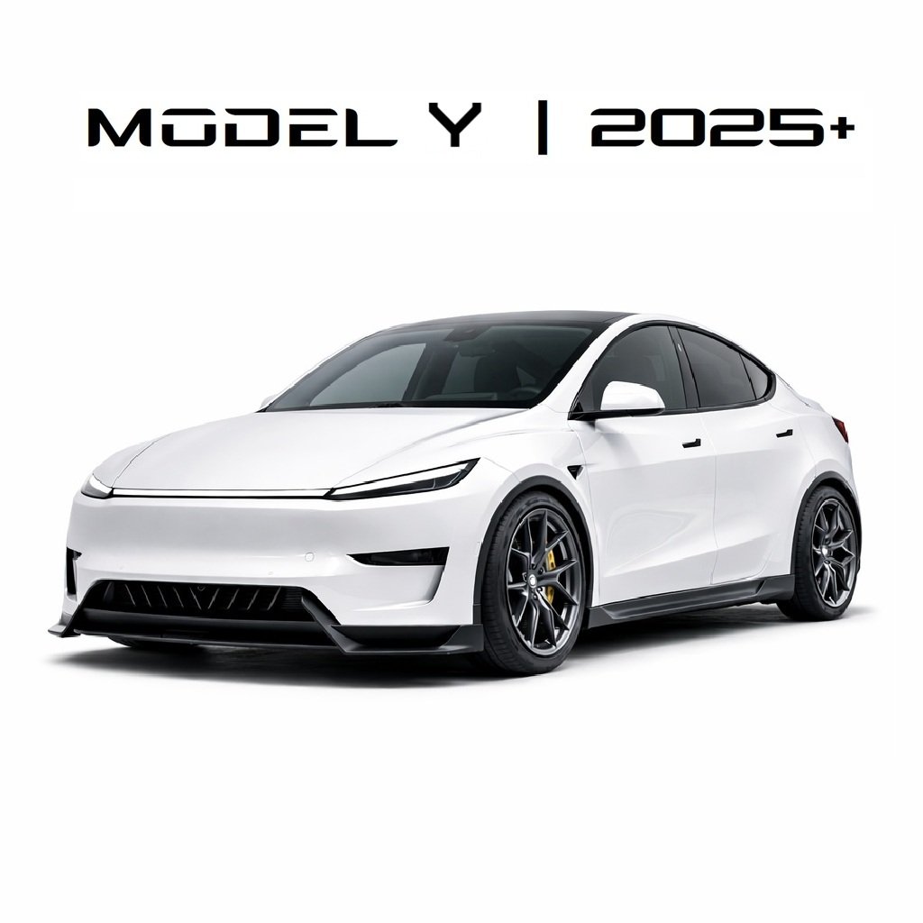 A white 2023+ Tesla Model Y parked against a white background. The car features black wheels, a black roof, and a sleek, modern design. Text above the car reads "MODEL Y | 2023+".