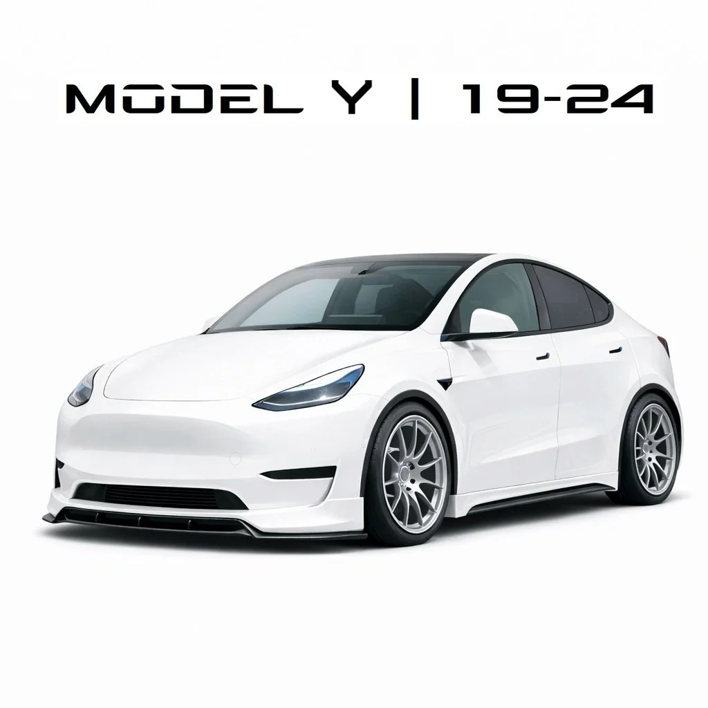 White Model Y Tesla car with black roof on a plain white background, image shows a sleek, modern electric vehicle.