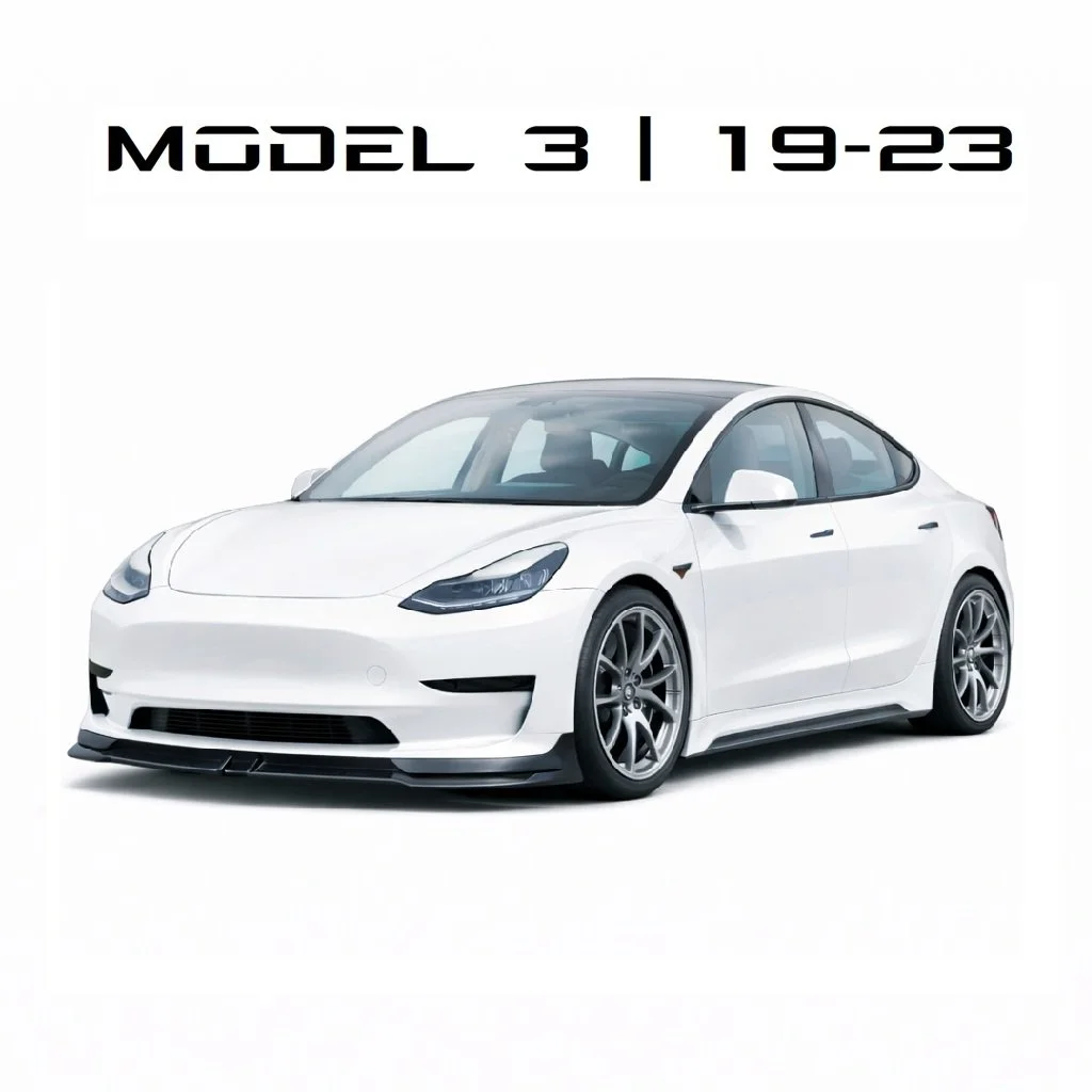 A white Tesla Model 3 electric car with text 'MODEL 3 19-23' above it.