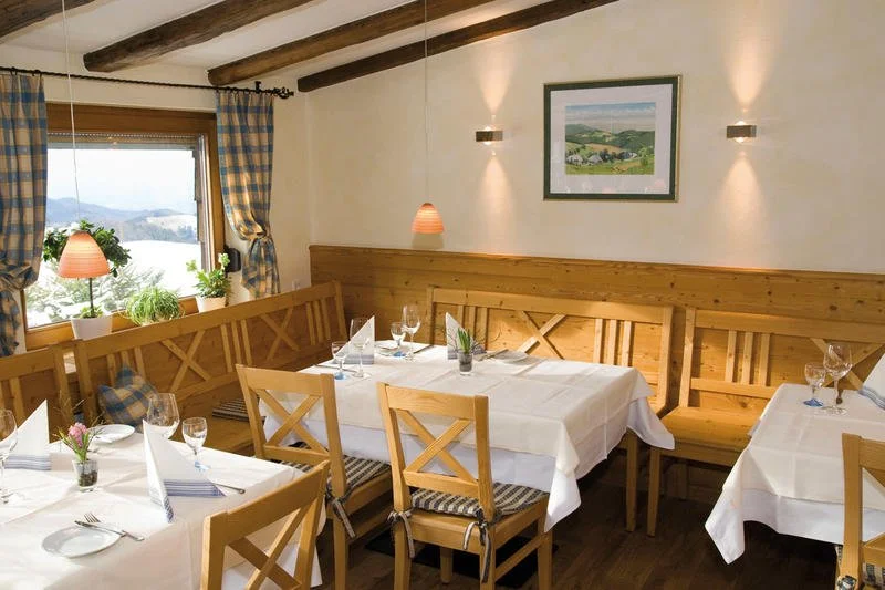 Ein festlich gedeckter Speiseraum mit weißen Tischdecken, Gläsern, Besteck und kleinen Blumenvasen. Holzverkleideter Wände, Fenster mit blauer und weiß gewürfelter Gardine, Blick nach draußen auf eine Landschaft.