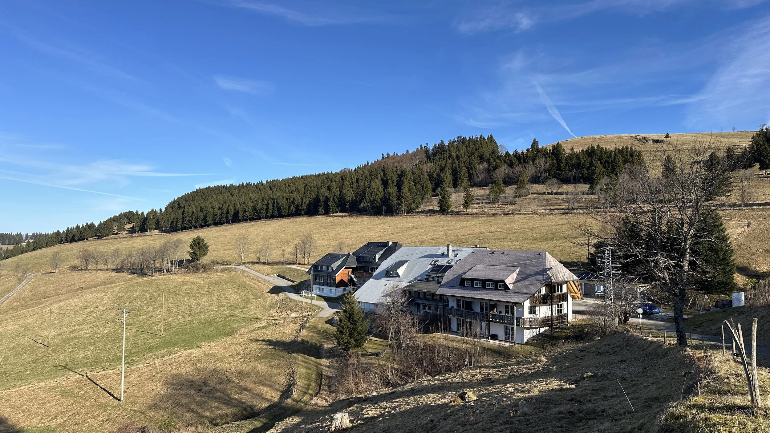 Häuser in einer ländlichen Gegend mit grünen Hügeln, Bäumen und einem blauen Himmel.