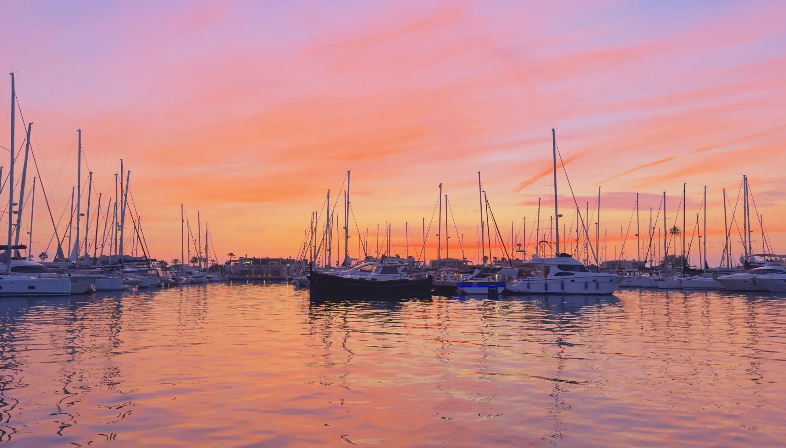 Denia harbour and sailing boats on a sunrise boat trip, with a pink sky