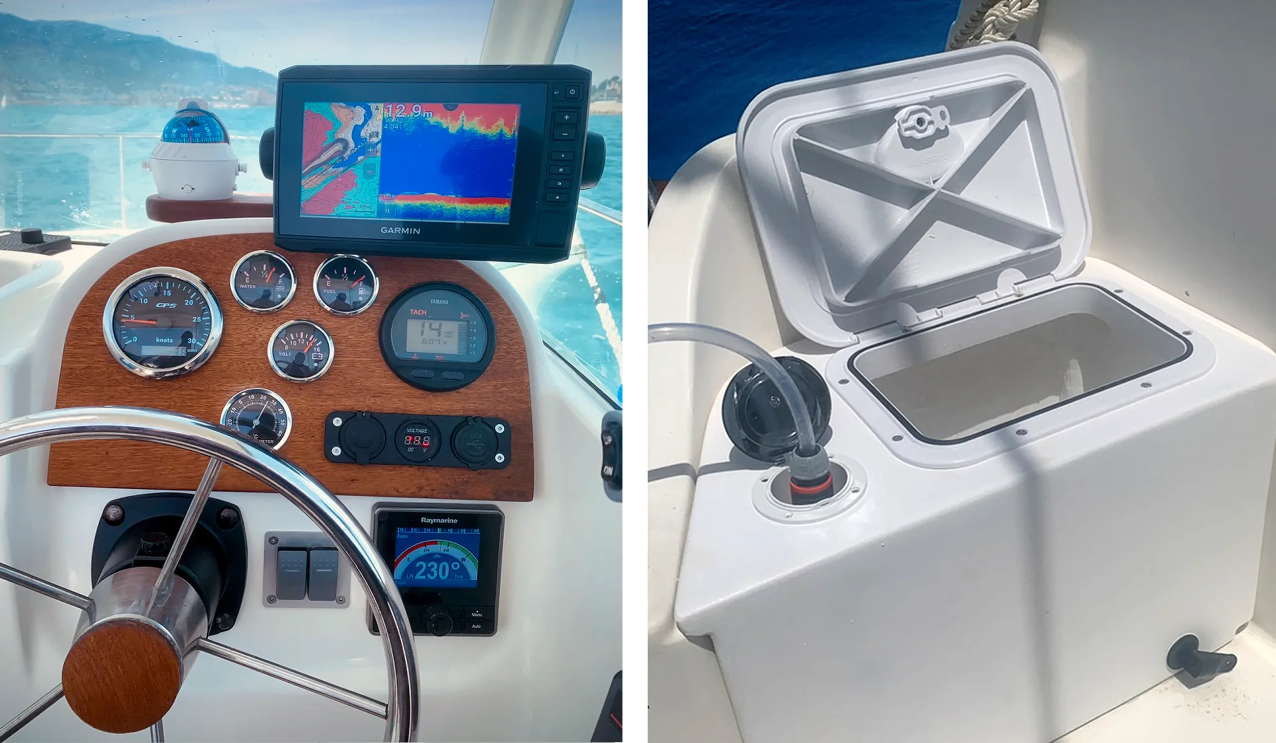 Our boat dashboard, GPS and fishfinder and live well bait tank for fishing in Denia