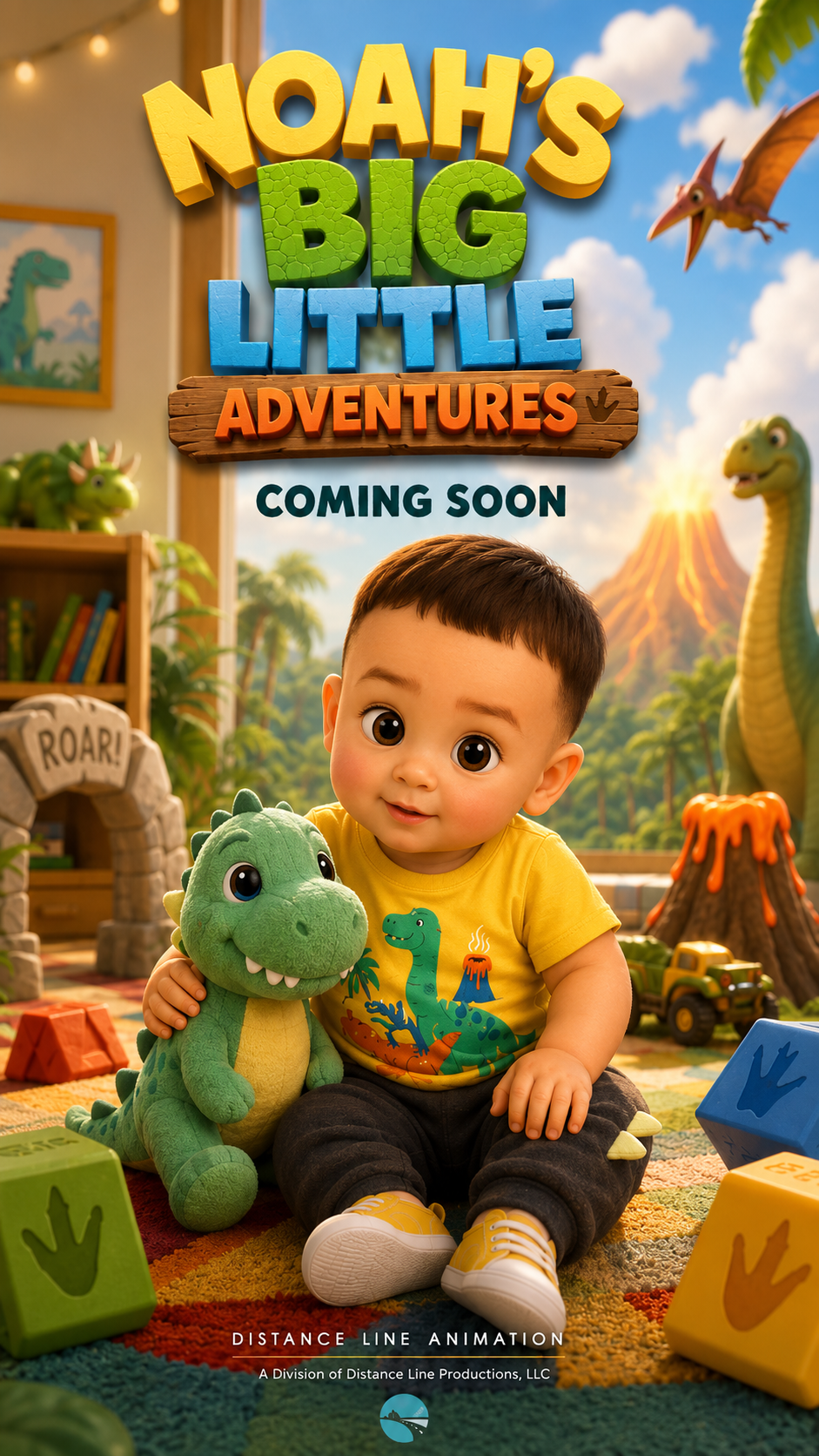 Promotional poster for 'Noah's Big Little Adventures' featuring a young boy with a plush dinosaur toy sitting on a colorful play mat in a dinosaur-themed room. The background includes cartoon dinosaurs, volcano, and lush jungle scenery with the text 'Coming Soon' and details indicating an animation production.