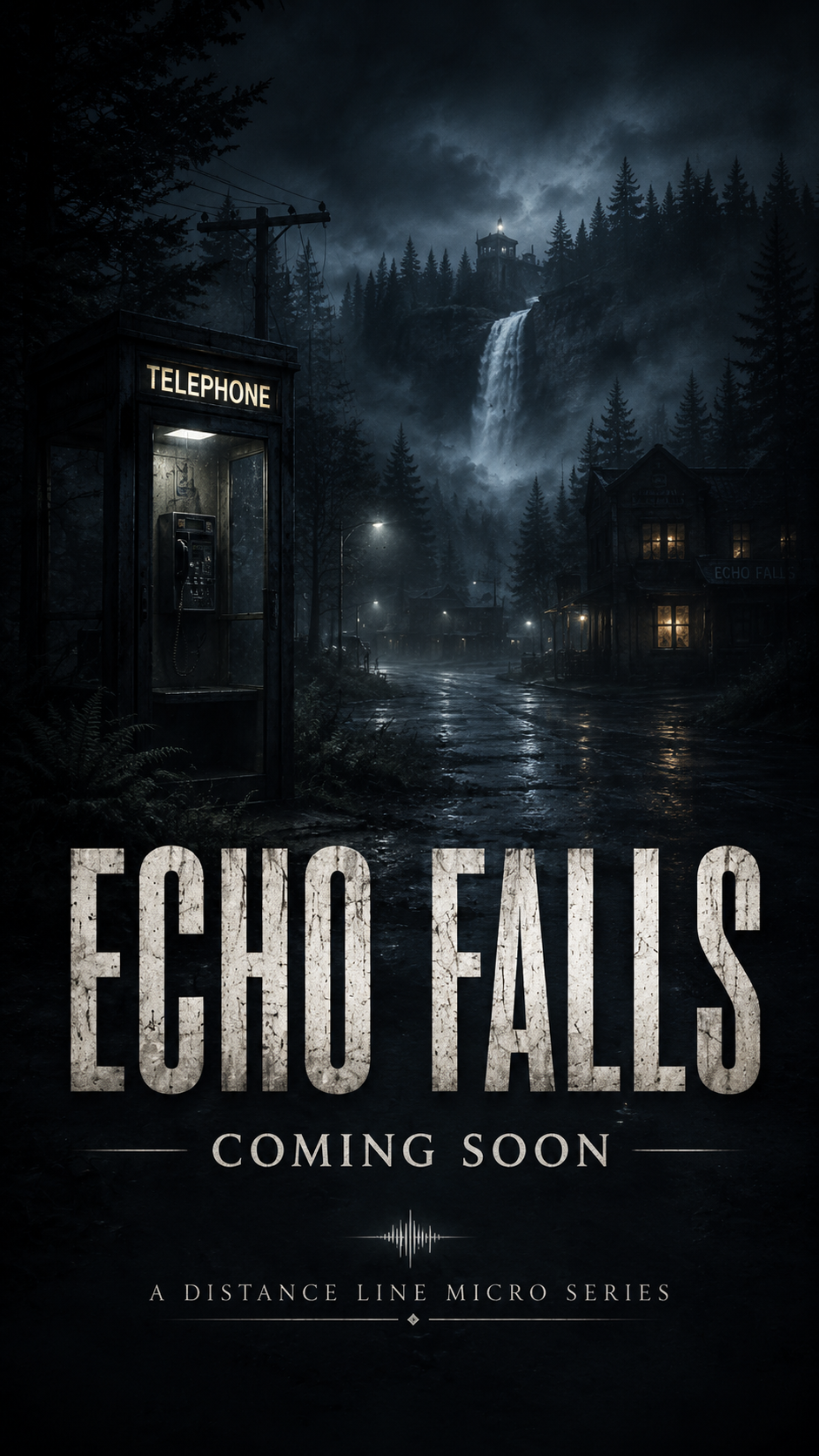 Nighttime scene with a vintage telephone booth, a rain-soaked street, a waterfall in the distance, and a lighthouse atop a hill surrounded by trees. The image promotes 'Echo Falls' coming soon, part of a micro series.