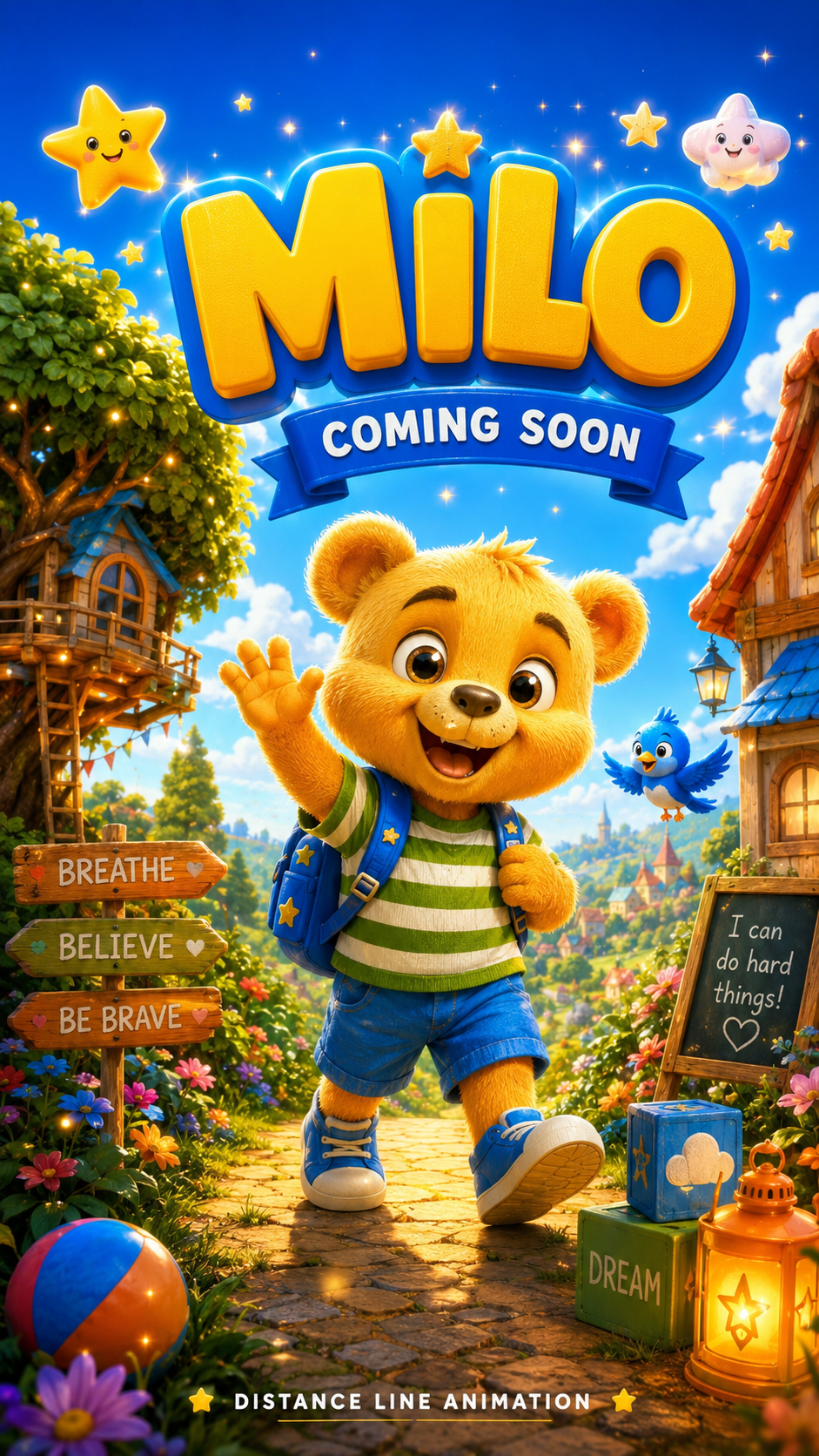 Animated character a cheerful yellow bear walking on a cobblestone path in a colorful, whimsical outdoor setting with flowers, trees, and buildings. The bear is waving, wearing a striped shirt, shorts, sneakers, and a backpack. There are playful stars and clouds in the sky, with signs reading "BREATHE," "BELIEVE," and "BE BRAVE" near the path. The scene promotes positivity and imagination.