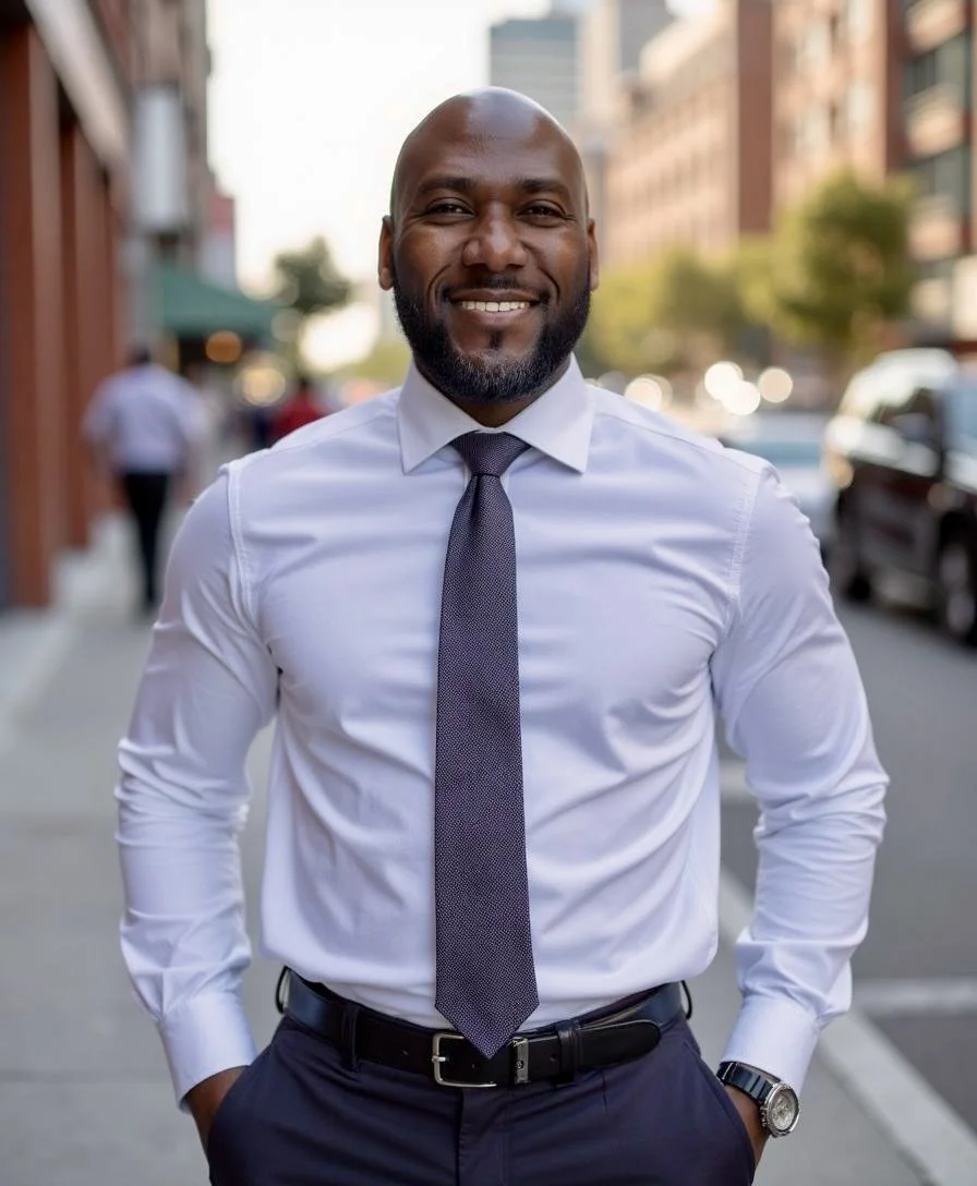 Smiling man in business attire standing on city street with buildings and cars in background.
