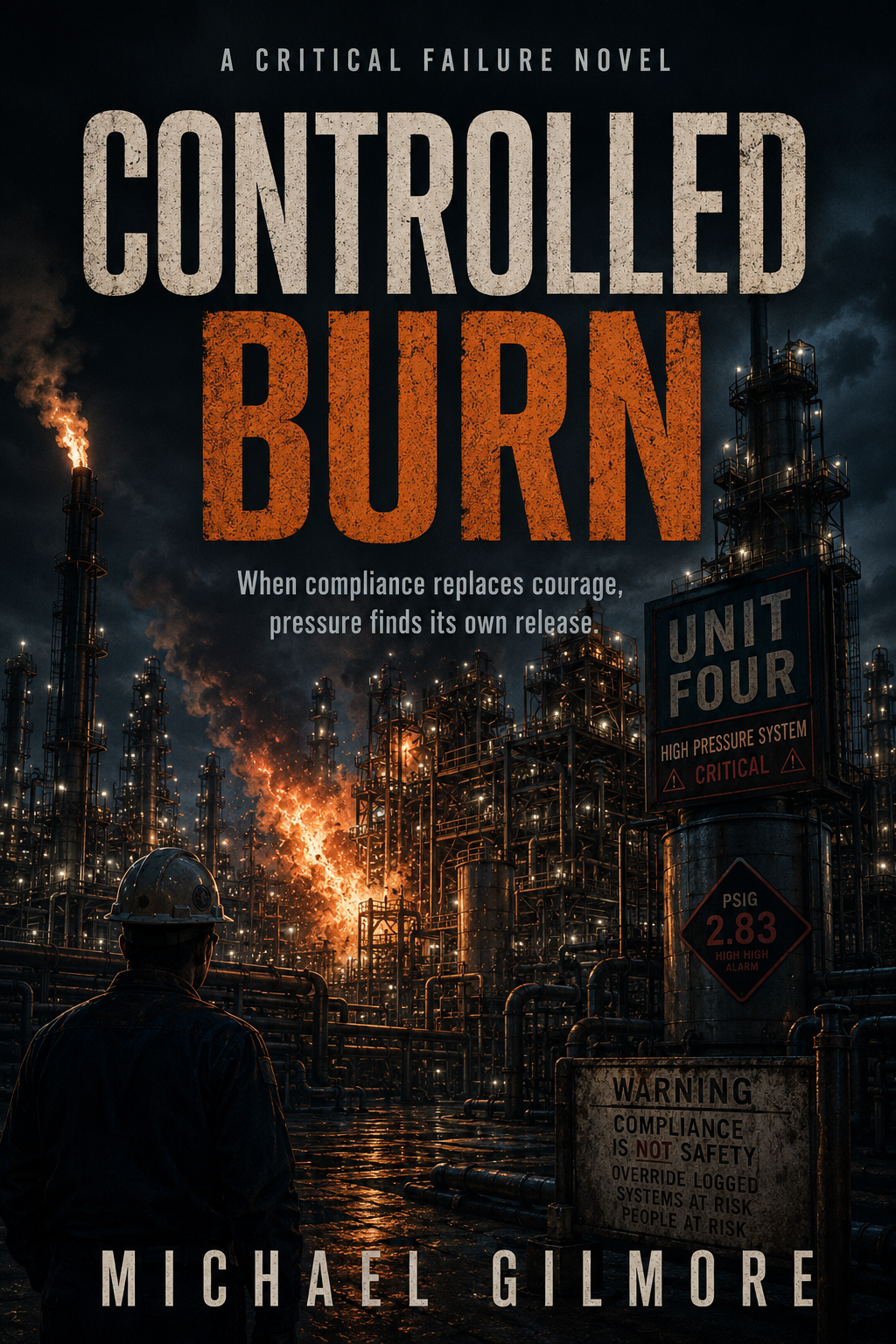 A cover of a novel titled "Controlled Burn" by Michael Gilmore featuring an industrial oil refinery with lit pipes, tanks, and a worker in safety gear observing a fiery release, dark stormy sky, and warning signs about high pressure and safety violations.