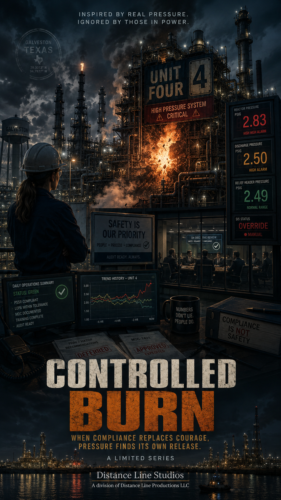 A woman in a safety helmet oversees a burning industrial refinery inside a control room with multiple screens displaying operational data, safety messages, and graphs. The refinery is labeled "Unit Four" and has a red warning sign for high pressure. The background shows a dark night sky and industrial structures. Text on the image reads: "Inspired by real pressure. Ignored by those in power." The title is "Controlled Burn" with a subtitle about safety and compliance.