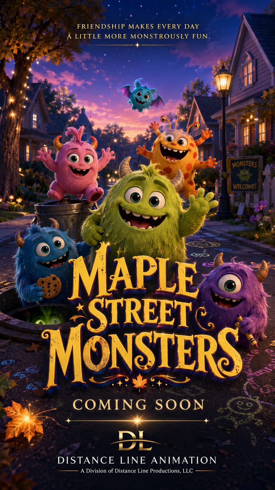 Colorful animated monsters with big eyes and friendly faces gather on a suburban street during sunset, with Halloween-themed chalk drawings on the pavement and a sign that says 'Monsters Welcome!'