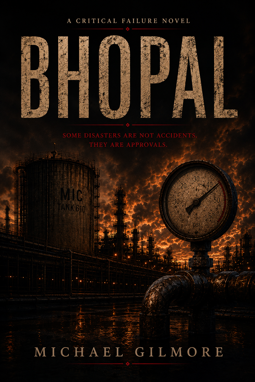 Book cover titled 'Bhopal' by Michael Gilmore, featuring an industrial scene with a large pressure gauge, oil tanks, and pollution clouds in the background at sunset.