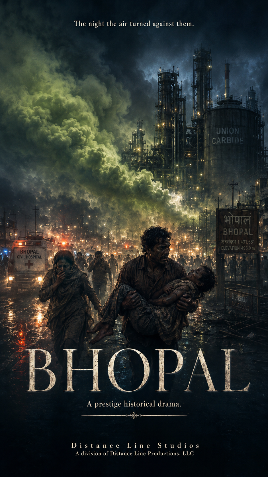 A dramatic scene of chaos and destruction in Bhopal, India, with people fleeing amid dark smoke, industrial tanks, and emergency vehicles, suggesting a major disaster.