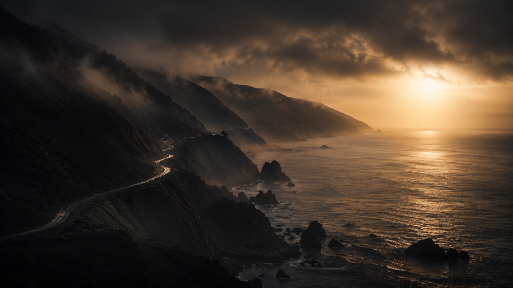 A coastal landscape at sunset with a winding road along dark, foggy cliffs and the ocean reflecting the golden light of the setting sun.