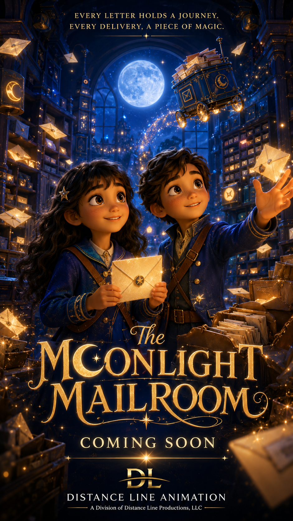 Animated poster for 'The Moonlight Mailroom,' featuring two children in blue uniforms holding envelopes with gold seals, surrounded by glowing mail and starry decorations inside a magical mailroom with a full moon and a starry sky visible through large windows.