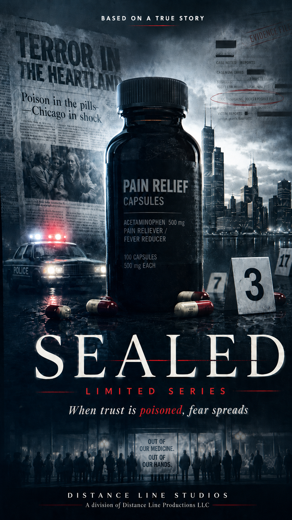 A promotional poster for a limited series titled 'Sealed' depicting a drug bottle of pain relief capsules, a police car with flashing lights, a city skyline with dark clouds, a newspaper headline about poison in Chicago, crime scene evidence markers, and a crowd of people holding a protest sign.