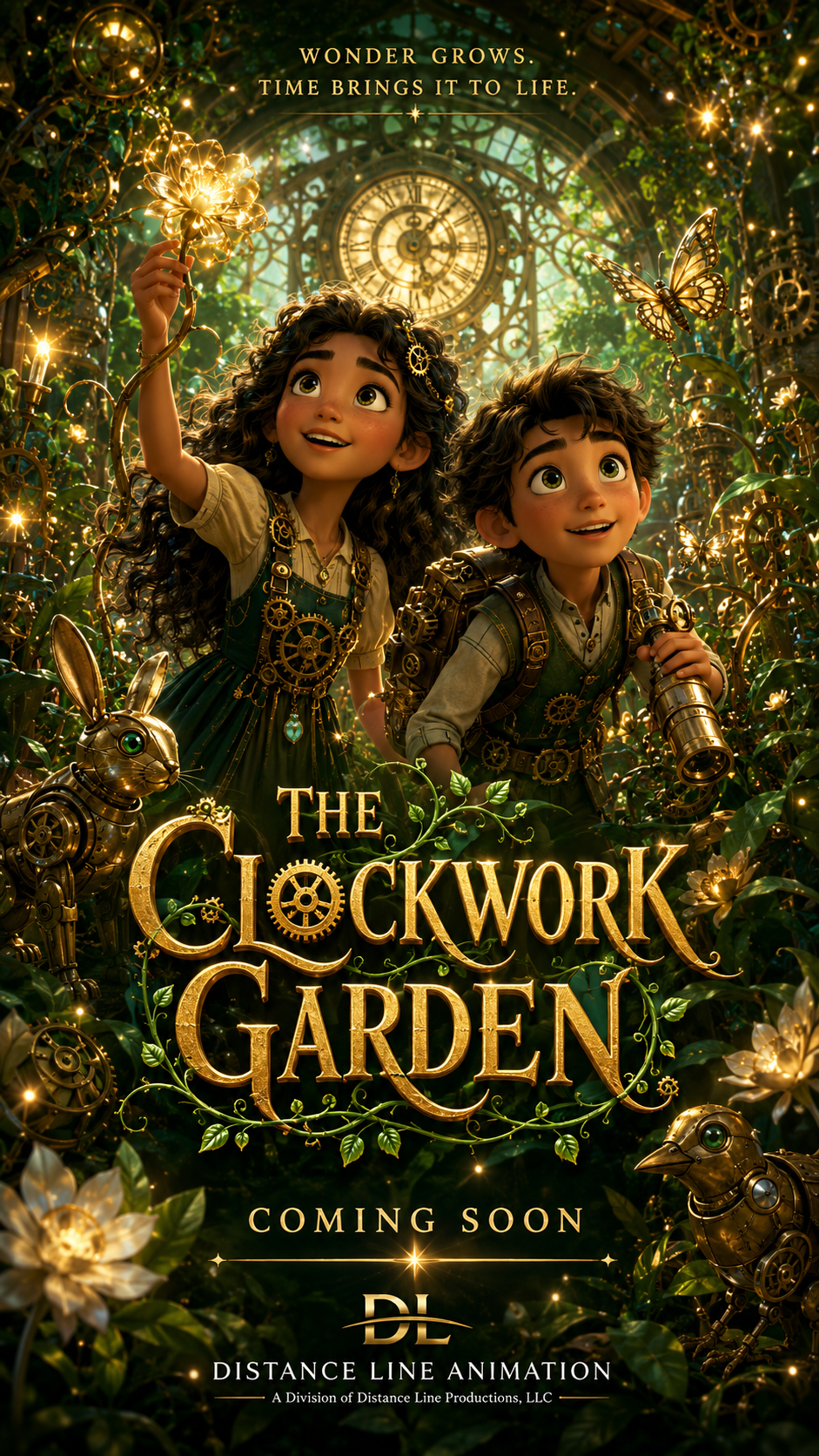 Animated poster for 'The Clockwork Garden' featuring two children dressed in steampunk attire with gears and machinery, surrounded by glowing flowers, butterflies, and robotic animals in a lush garden with clock gears and a large clock in the background.