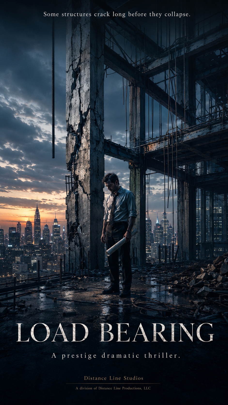 A man in formal attire, holding blueprints, stands on a rooftop of a damaged building with a city skyline at sunset in the background. The building structure is broken with cracks and exposed steel beams. The scene is moody with a dark, cloudy sky and a dystopian atmosphere.
