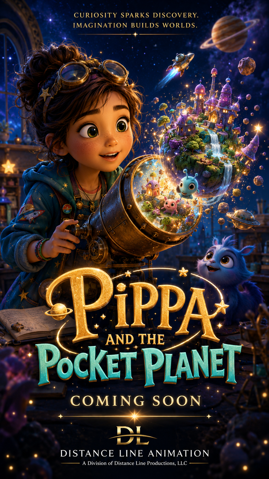 Promotional poster for the animated movie 'Pippa and the Pocket Planet'. The poster features a young girl with goggles on her head, looking excitedly through a telescope, with a floating, colorful planet with a castle, waterfalls, and trees orbiting inside. There are small alien characters, a purple creature, and space elements like planets, stars, and a spaceship in a starry night sky.