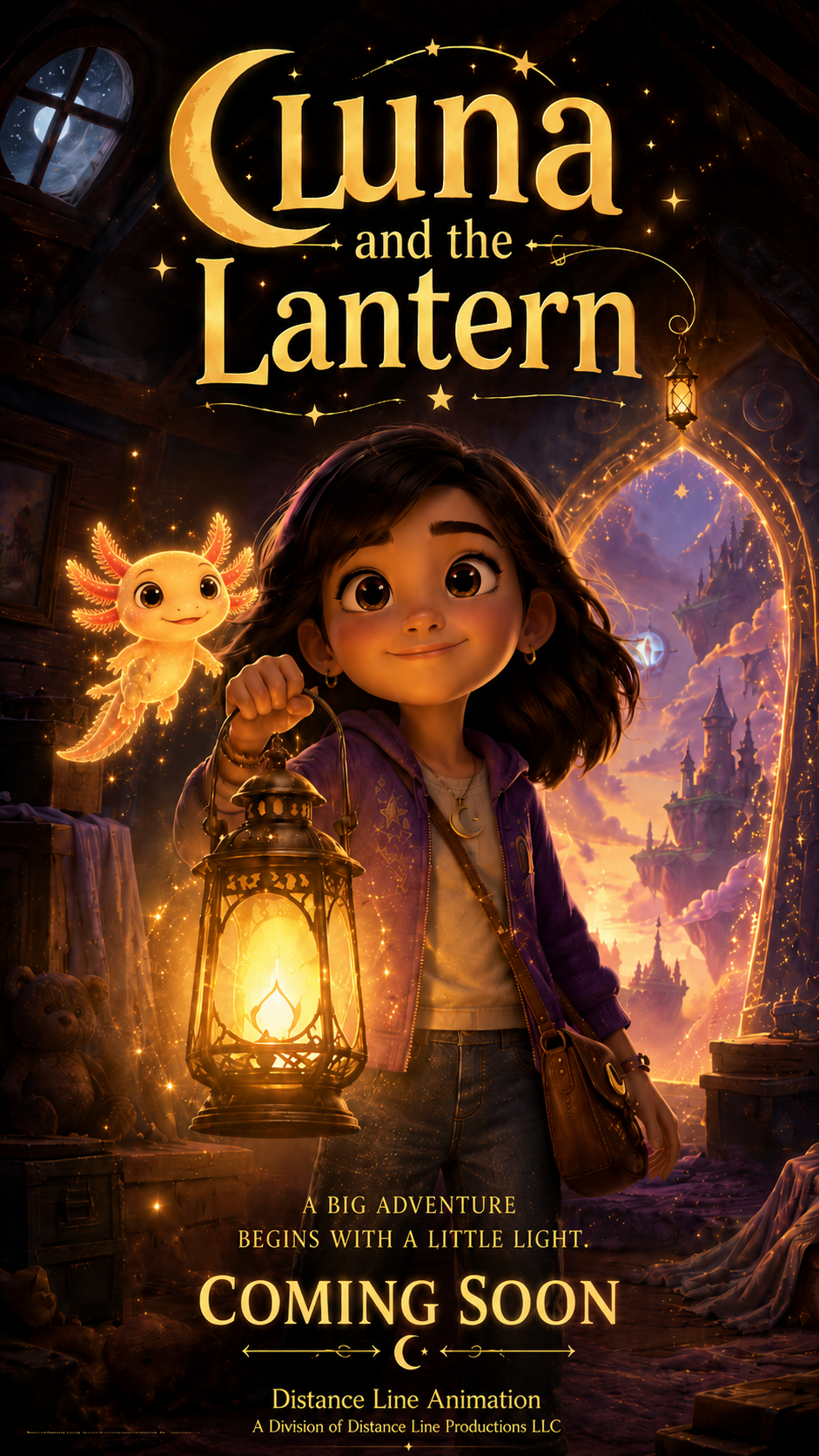 A promotional poster for the animated film 'Luna and the Lantern.' Features a young girl with dark hair holding a glowing lantern, surrounded by sparkling lights and a whimsical background with floating city castles and a night sky. A small glowing creature floats above her. Text indicates the film is coming soon, from Distance Line Animation.