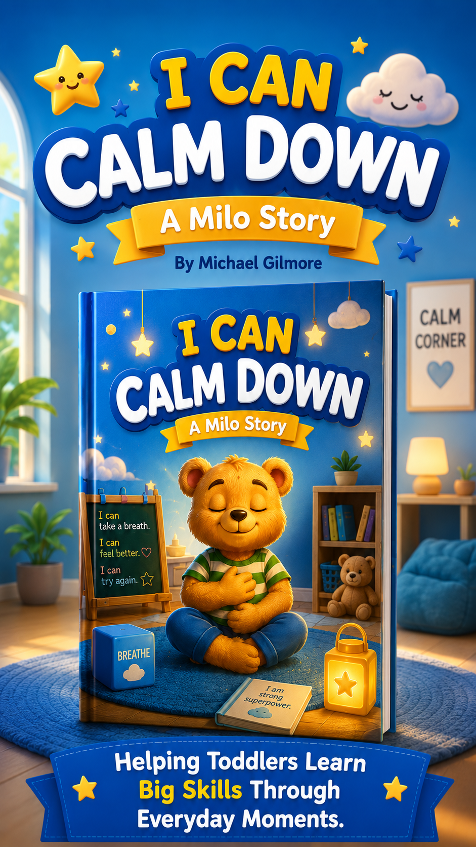 Cover of a children's book titled 'I Can Calm Down: A Milo Story' by Michael Gilmore, featuring a cartoon bear sitting cross-legged with a hand on its chest and eyes closed, in a cozy room with a rug, bookshelf, and calming decor.