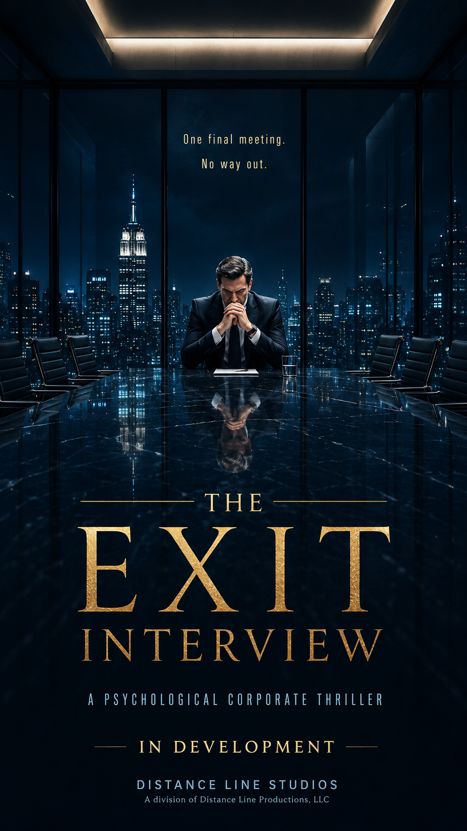 A man in a suit sitting at a conference table with a city skyline at night through large windows. The text reads "One final meeting. No way out." The title is "The Exit Interview" with a subtitle "A Psychological Corporate Thriller" and "In Development."